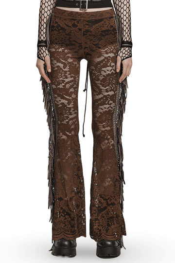 Stylish Brown Fringe Lace Pants with a Gothic Twist
